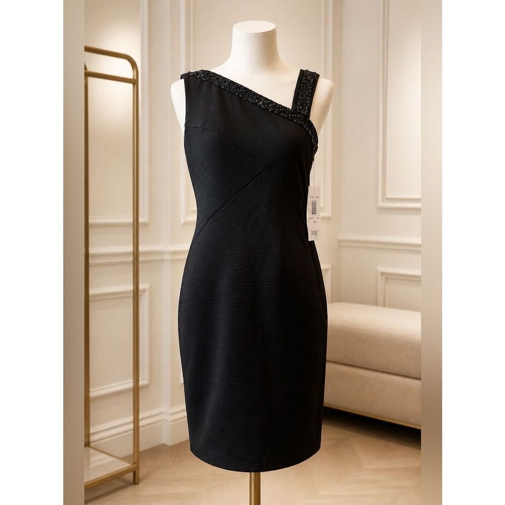 BLACK COCKTAIL DRESS SLEEVELESS WITH BEADED NECKLINE SIZE 10P NWT